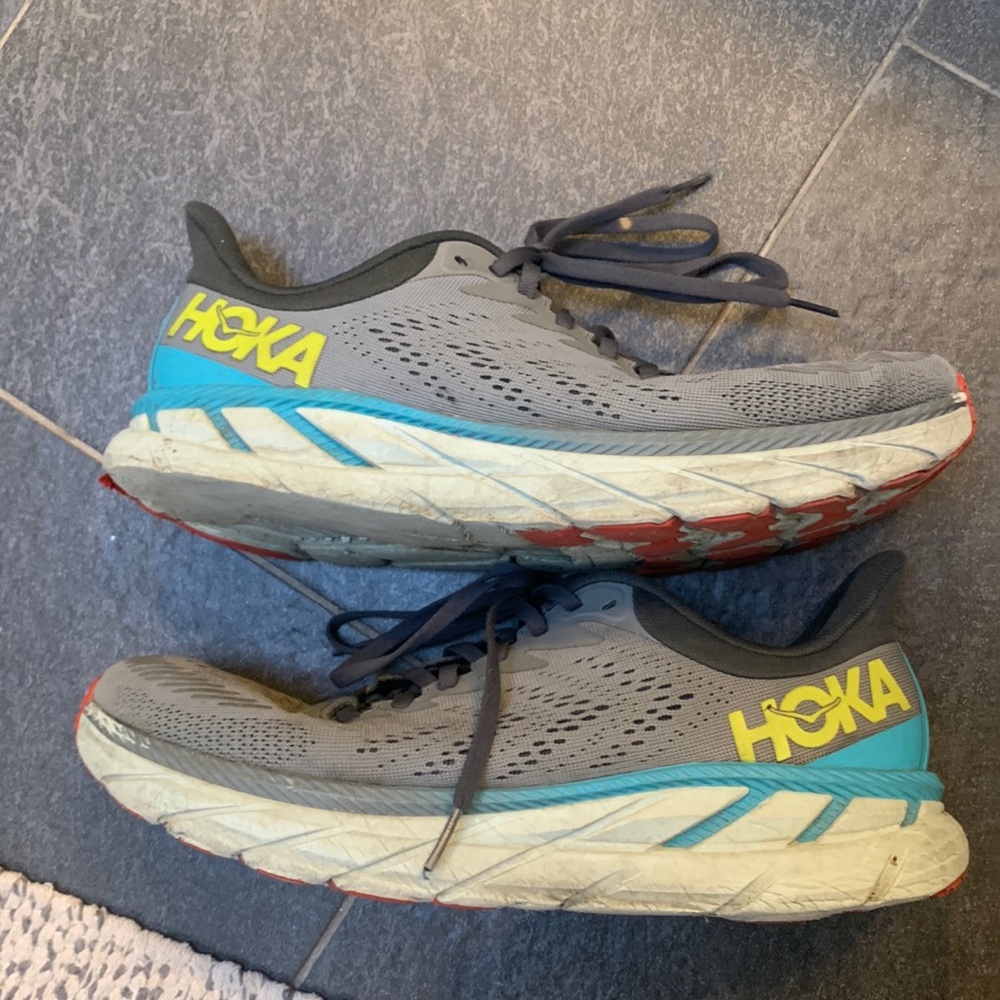 Men's 9.5 Hoka Clifton 7, grey and blue. Used.